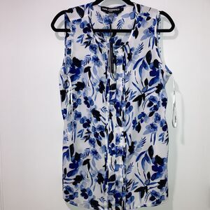 Karl Lagerfeld Paris Blue Floral Sleeveless Ruffle Blouse Large NWT